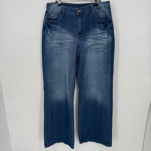 SHEIN Women's Distressed Super Wide Leg High rise Blue Denim Jeans Size 32 - Picture 2 of 8